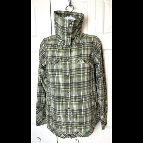 EXOFFICIO Alba Funnel Neck Plaid Shirt Jacket Green Plaid Pockets Purple Hiking - Picture 2 of 16